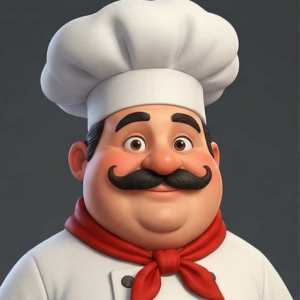 Jolly Italian chef cartoon character with a mustache, white chef hat, red neckerchief, and checkered pants, in a 3D Pixar-style.