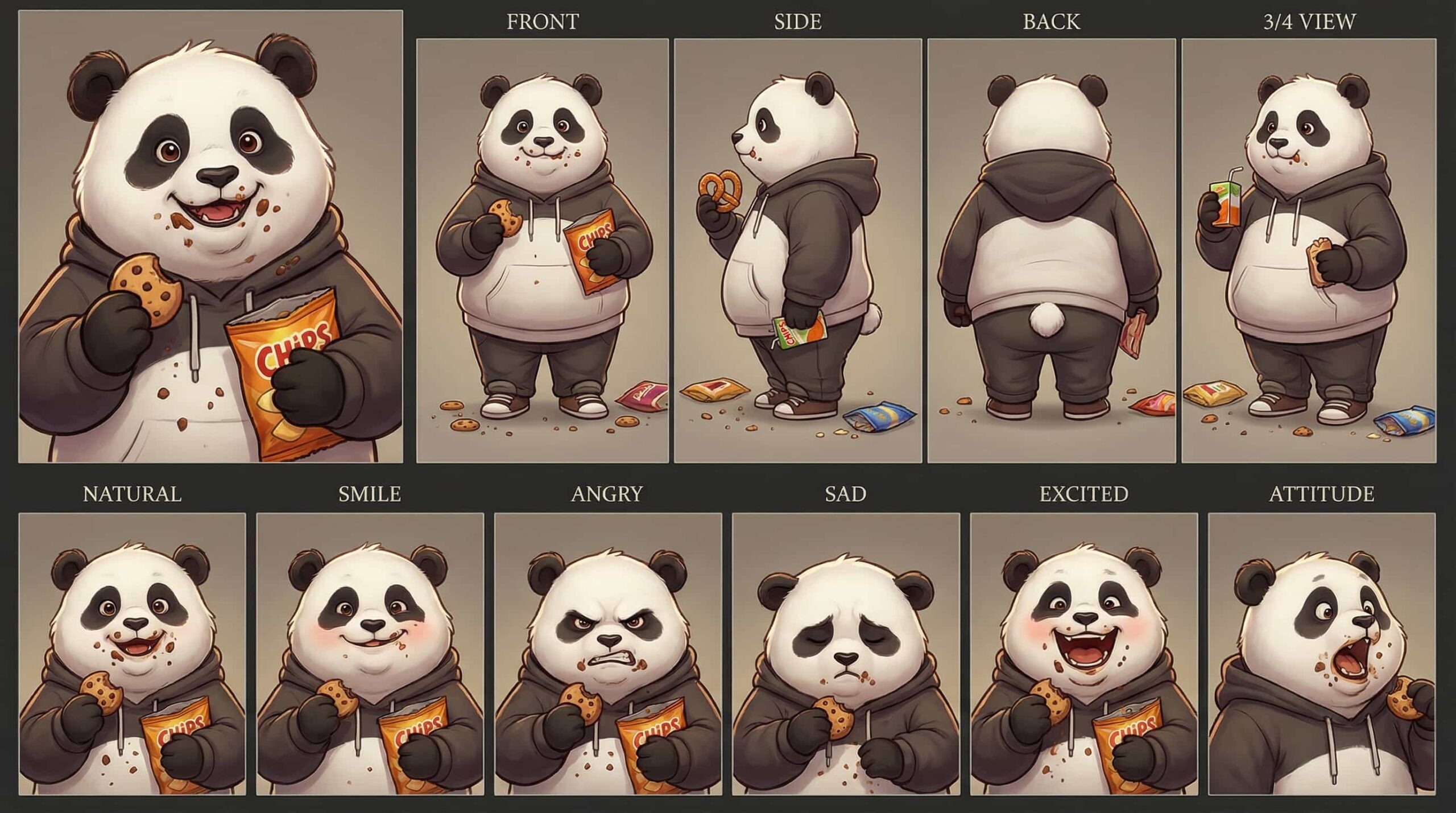 Cute snack-loving panda cartoon character in a grey hoodie, eating cookies and chips, with crumbs on its face, in a soft, cuddly 3D cartoon style.
