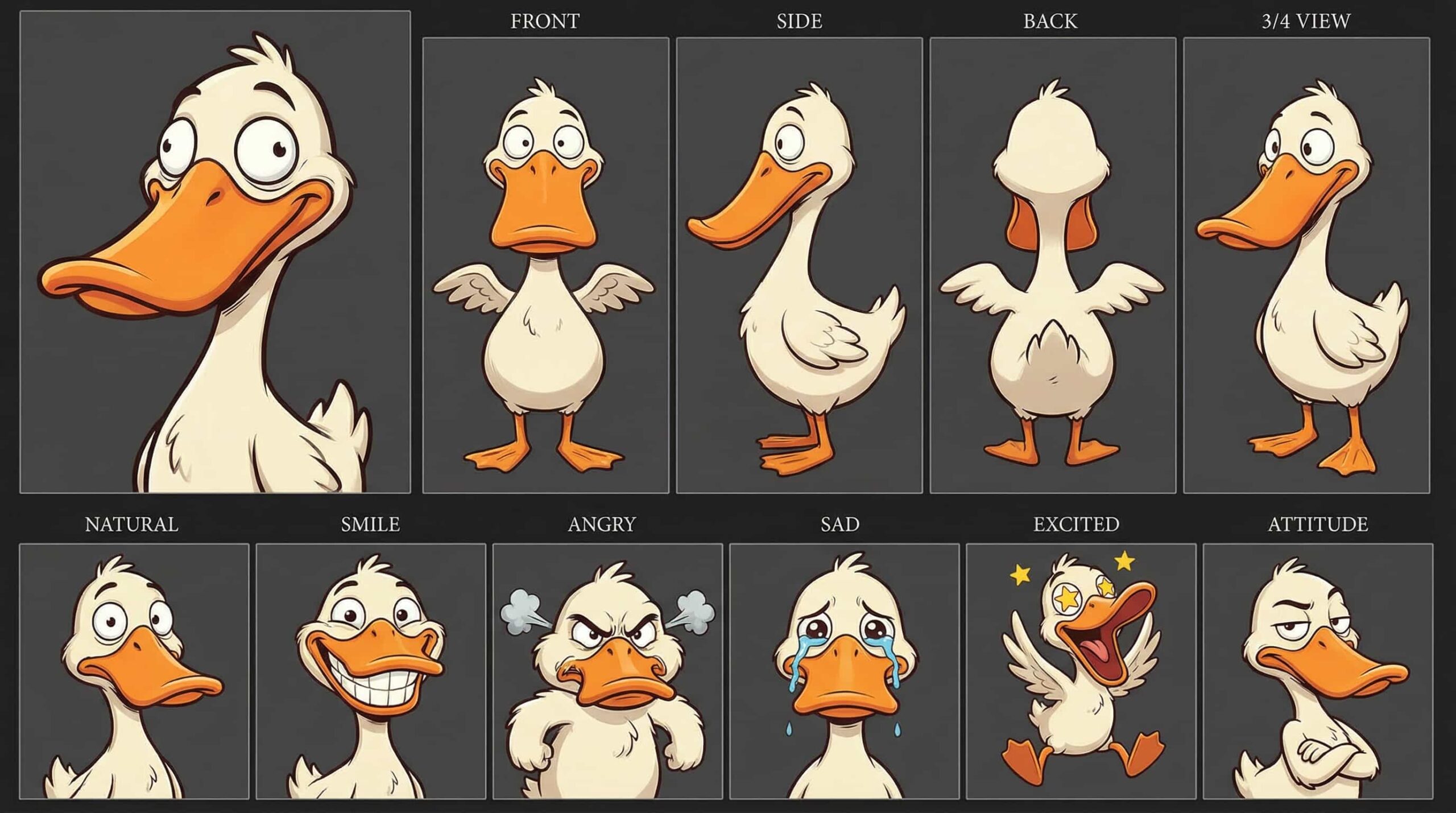 Silly white duck cartoon character with a large orange beak and wide, goofy eyes, in an elastic and expressive classic cartoon style.