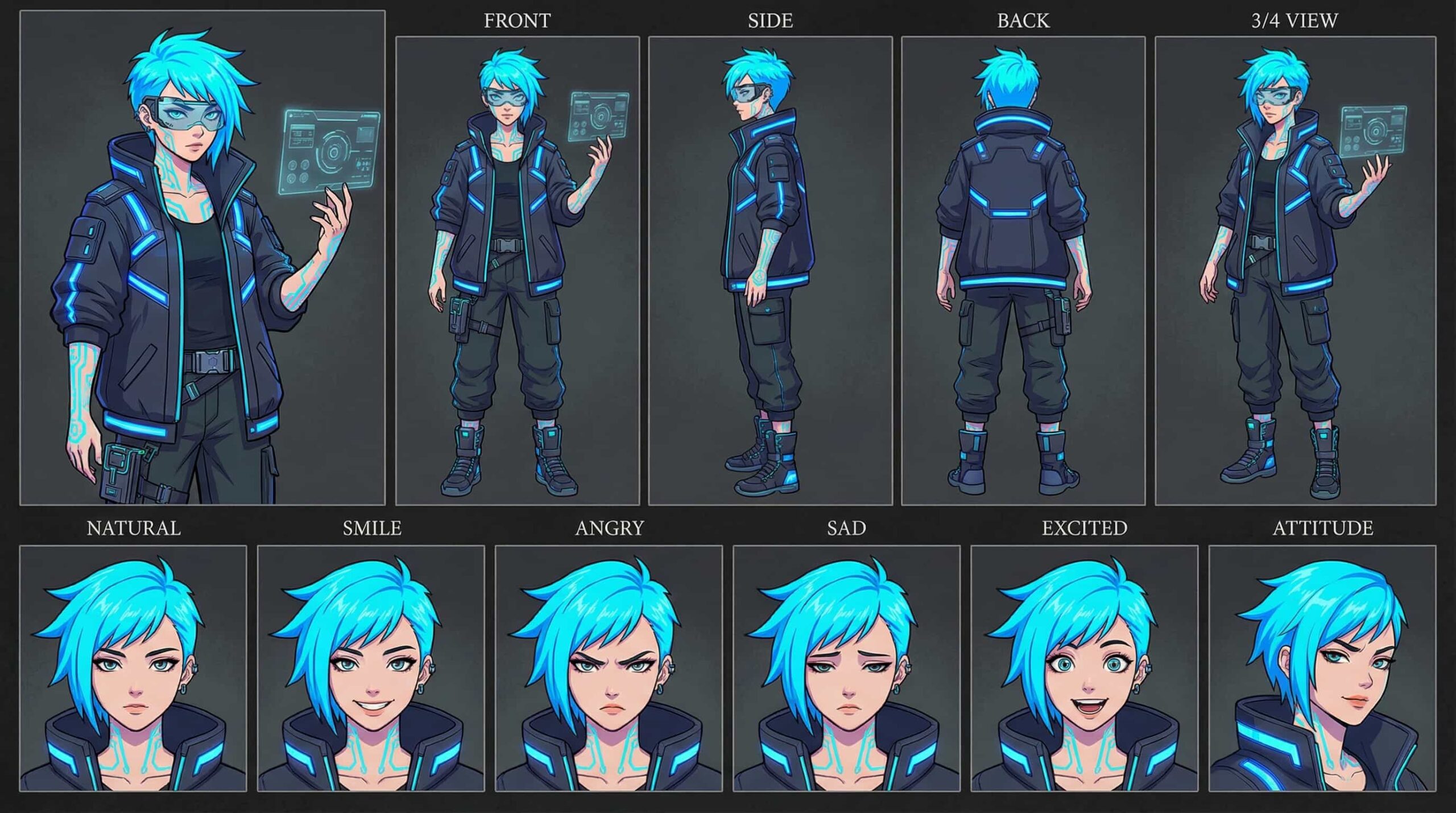 Full body character sheet of a cyberpunk anime girl with blue hair, tech goggles, and glowing circuit patterns, showcasing front, side, back, and 3/4 views, plus various expressions