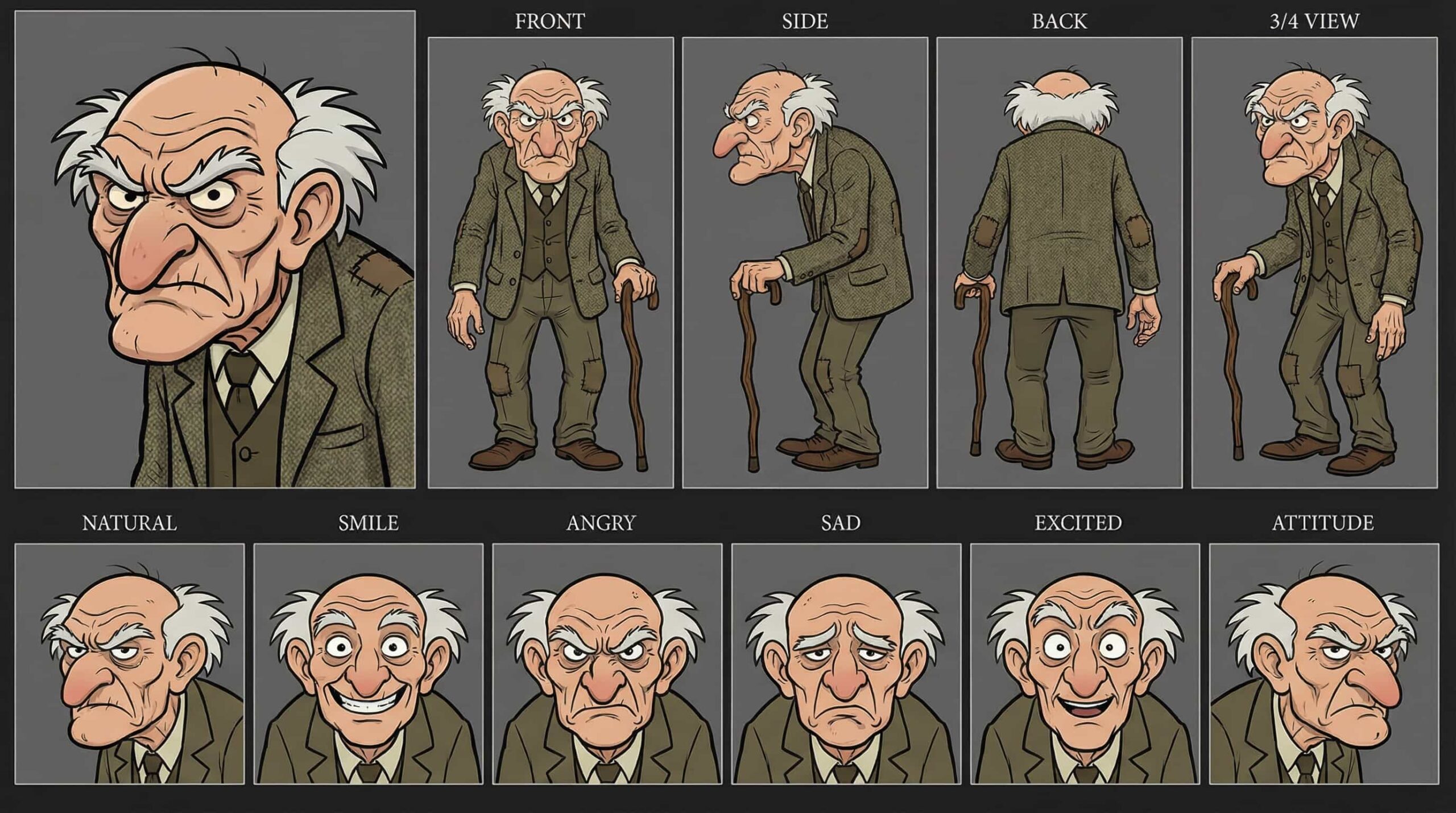Grumpy old man cartoon character with white hair, large nose, wearing a brown suit and holding a cane, in an expressive caricature style