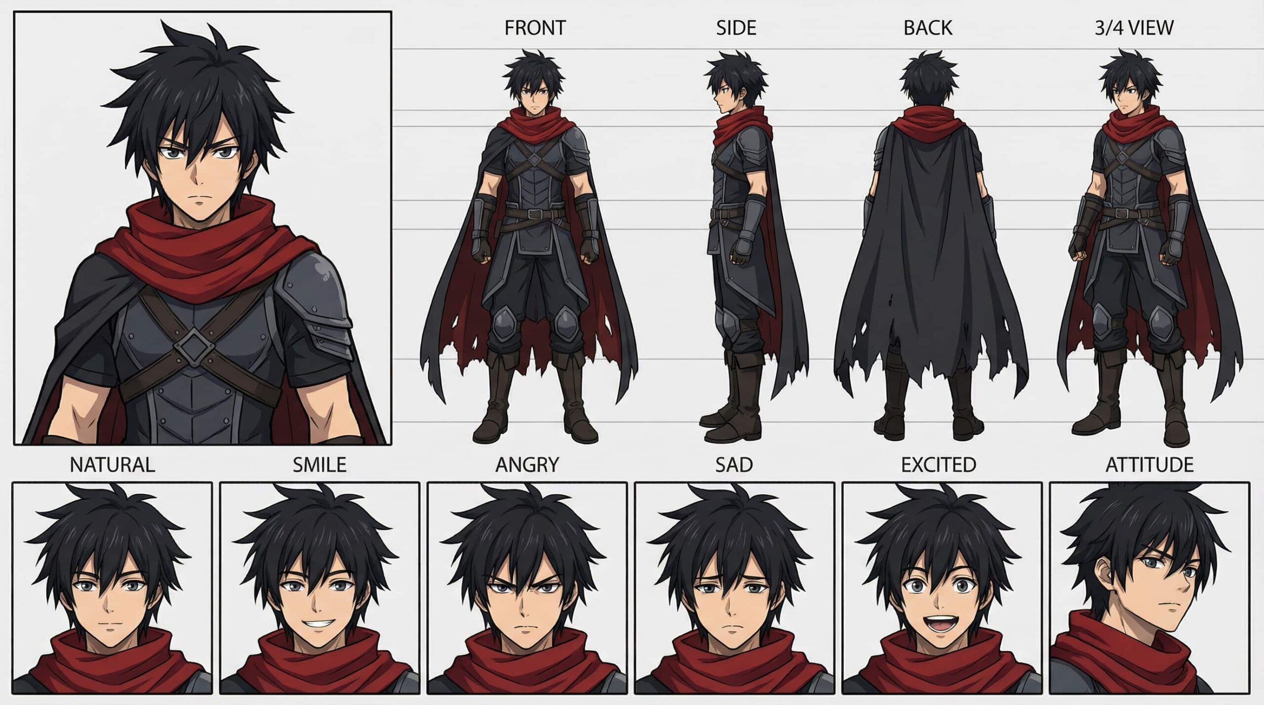 2D anime character design of a dark fantasy warrior with spiky black hair, dark armor, and a red scarf. Multi-angle reference sheet for OC.