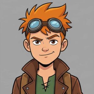 Steampunk anime adventurer boy character sheet with goggles, leather jacket, and backpack, ready for exploration. Multi-angle 2D character design for art and reference