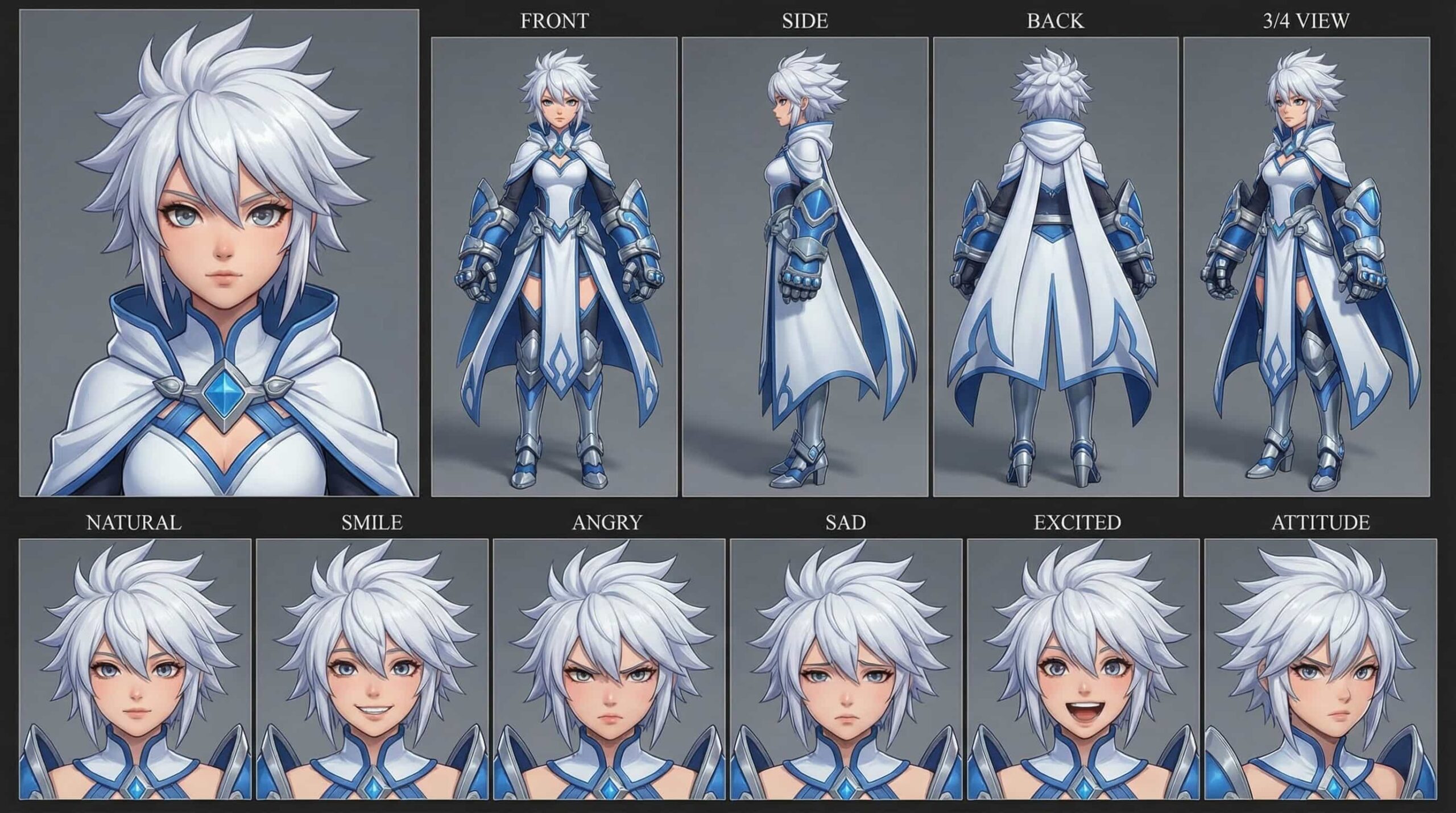 Stoic 3D anime ice paladin girl character sheet with spiky white hair, light blue eyes, and impressive white and blue heavy armor, in a cool stylized render