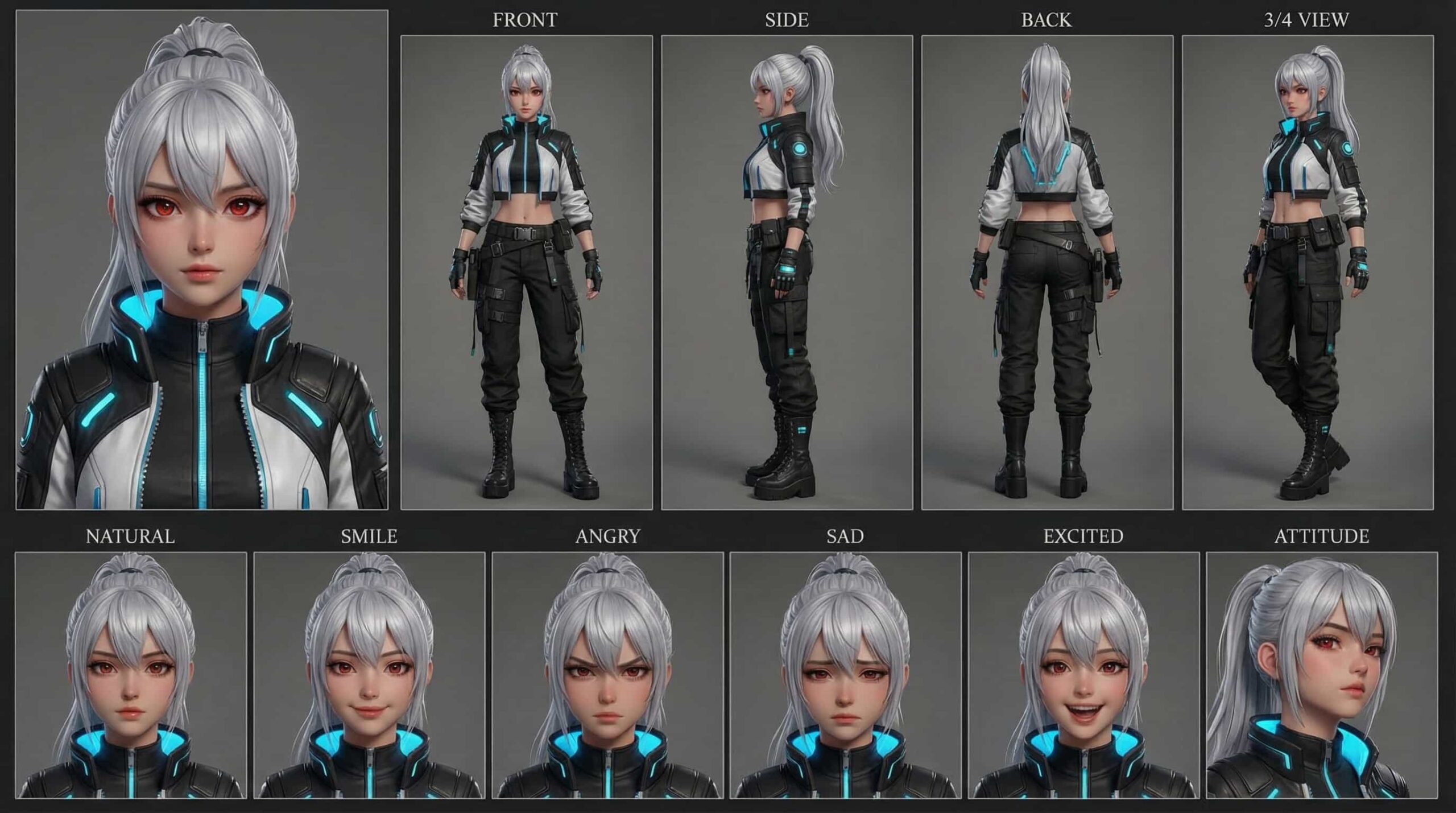 Modern 3D anime cyberpunk girl character sheet with silver ponytail, red eyes, and a sleek black and white jacket with neon blue accents, in a high-tech stylized render.