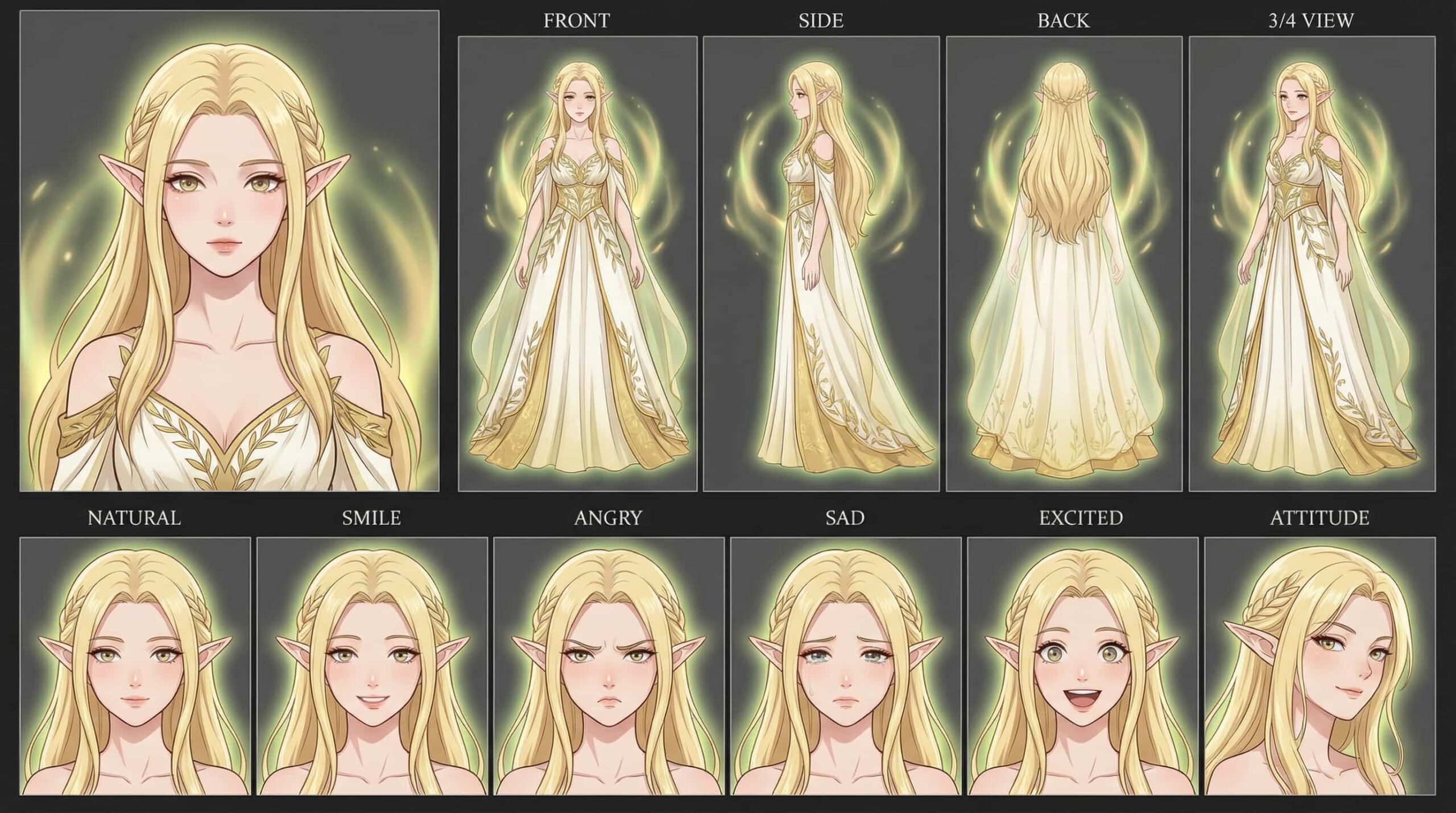 Full character sheet of a high elf princess anime girl with long blonde hair, pointed ears, and an elegant white and gold gown, surrounded by a glowing aura, displaying various views and expressions.