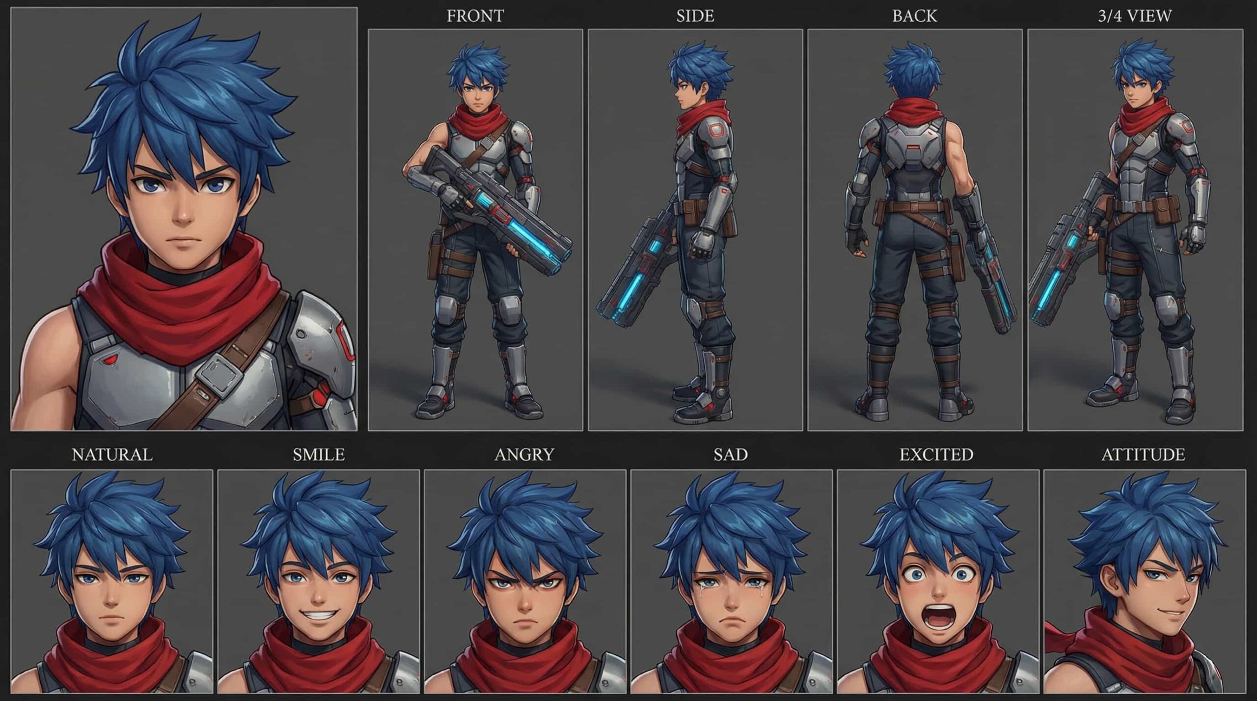 Brave 3D anime sci-fi soldier boy character sheet with spiky blue hair, red scarf, and a powerful energy rifle, in an action-ready stylized render.