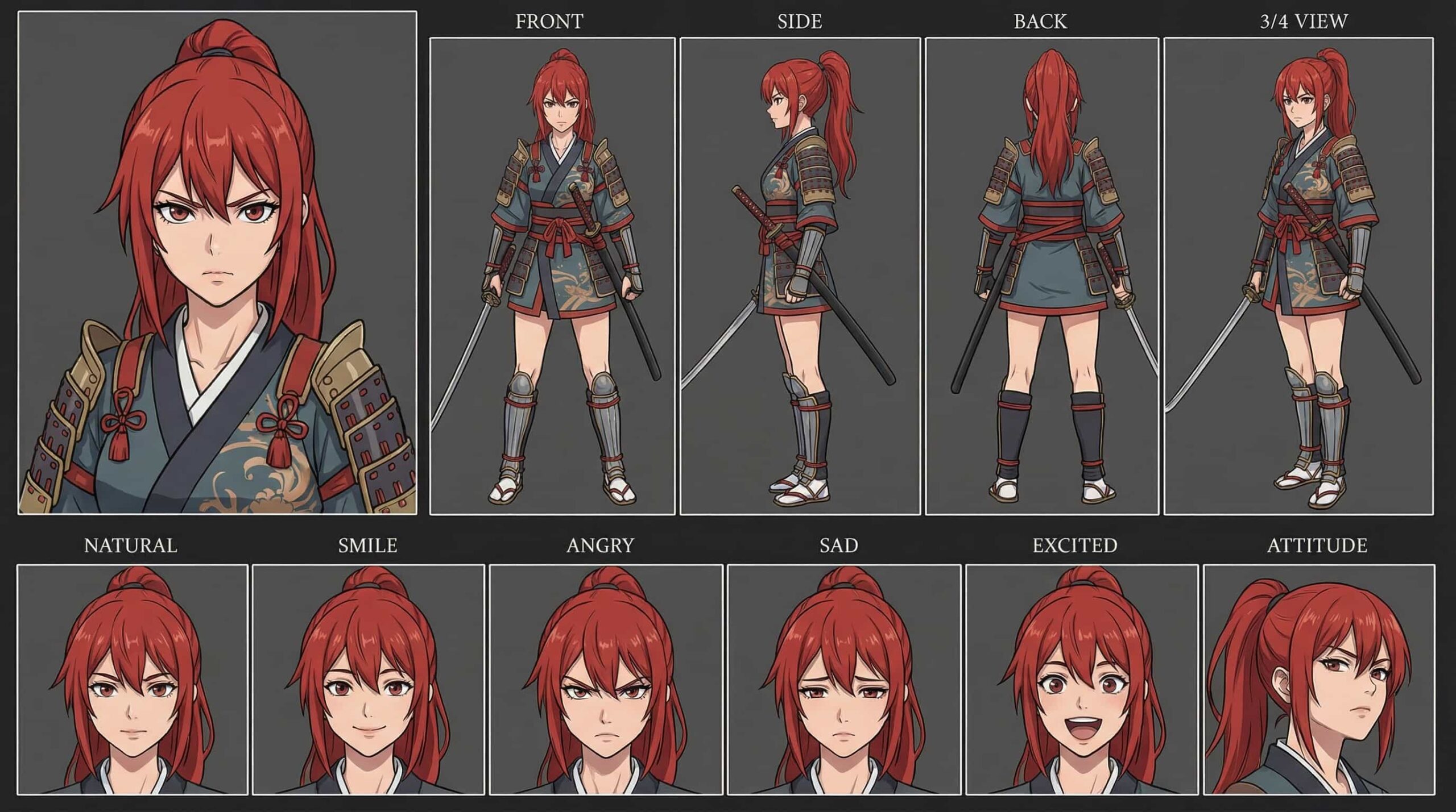 2D anime character design of a red-haired noble samurai anime girl with a high ponytail, dark blue and red armor, and a katana. Multi-angle reference sheet for OC.