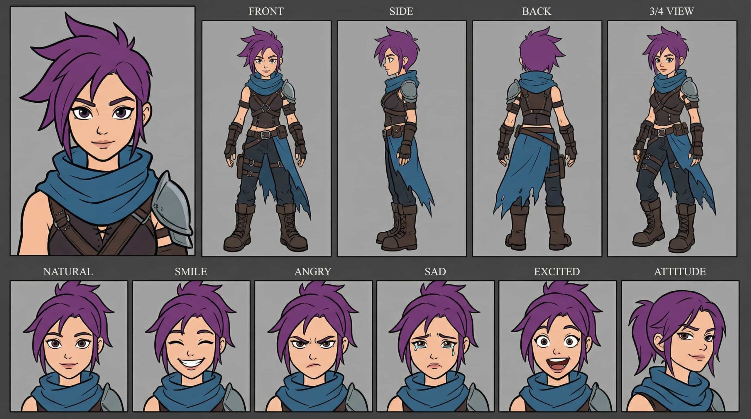 Post-apocalyptic scavenger girl anime character sheet with purple hair, blue scarf, and battle-worn attire. Multi-angle 2D character design for game development and concept art