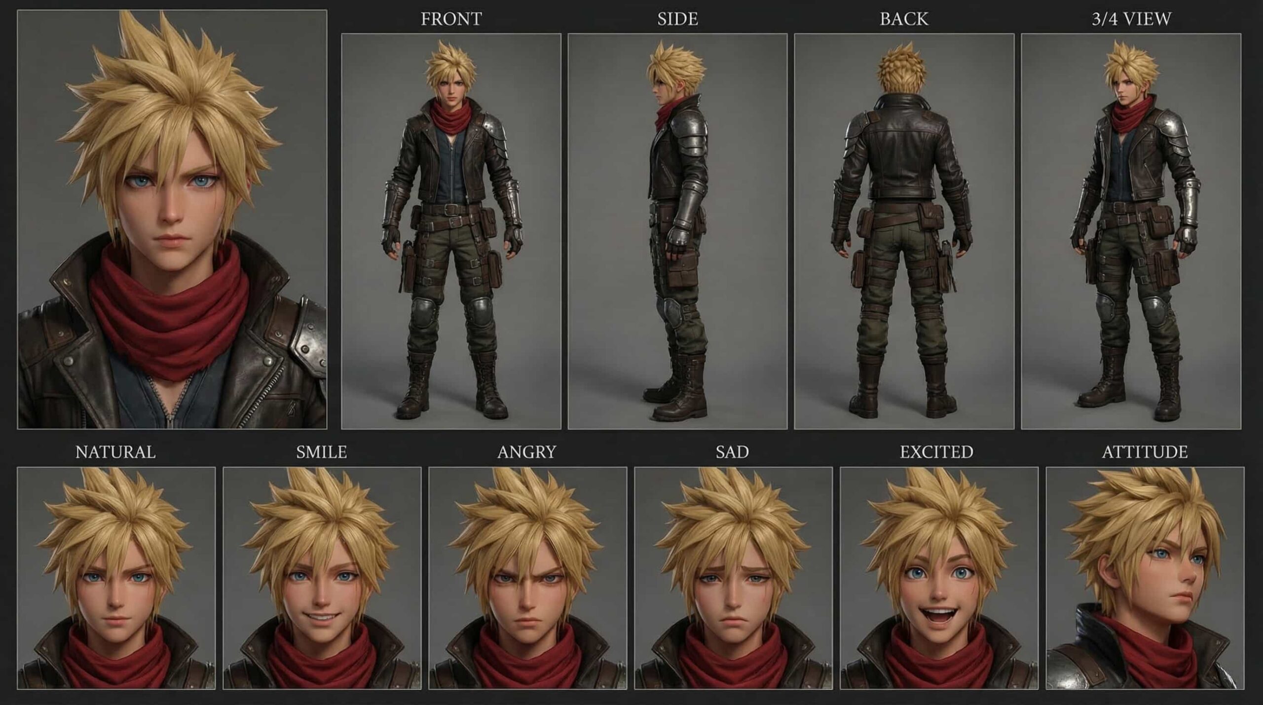 Dynamic 3D anime rogue boy character sheet with spiky blonde hair, red scarf, and detailed leather armor, showcasing a rebellious stylized render