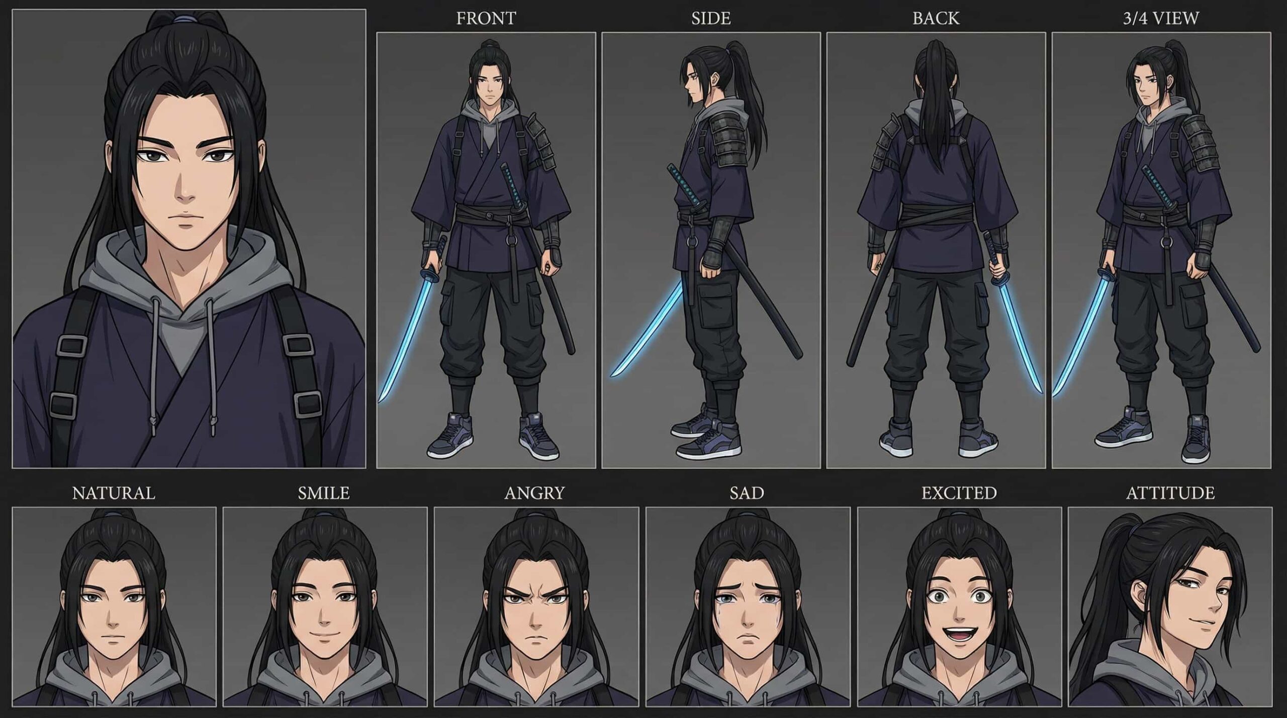 Detailed character sheet of an urban samurai anime boy with long black hair, wearing a modern kimono-style hoodie, shoulder armor, and