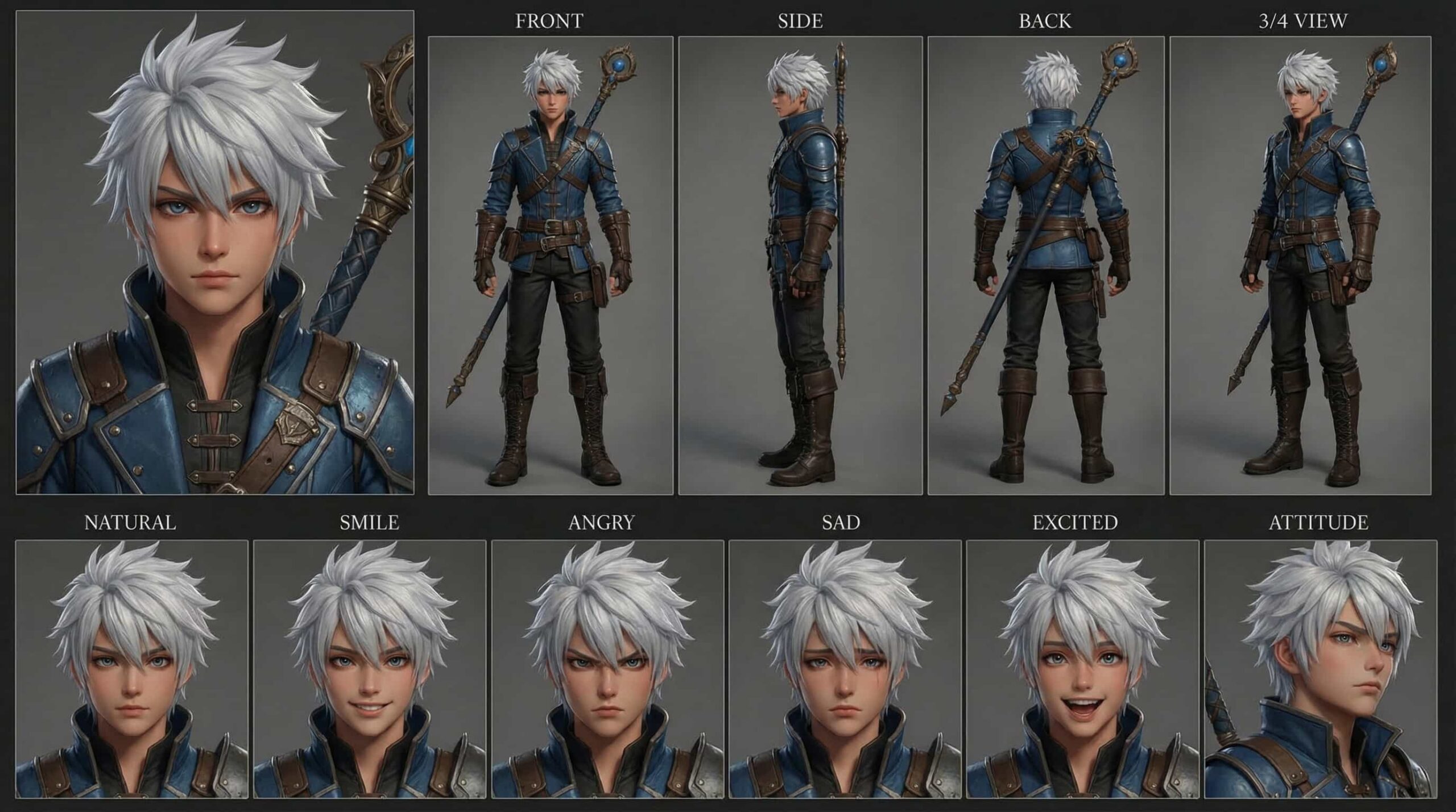Stylized 3D anime mage boy character render with messy white hair, blue eyes, blue and black fantasy outfit, and a magic staff with a blue orb. Multi-angle reference sheet for RPG game art.