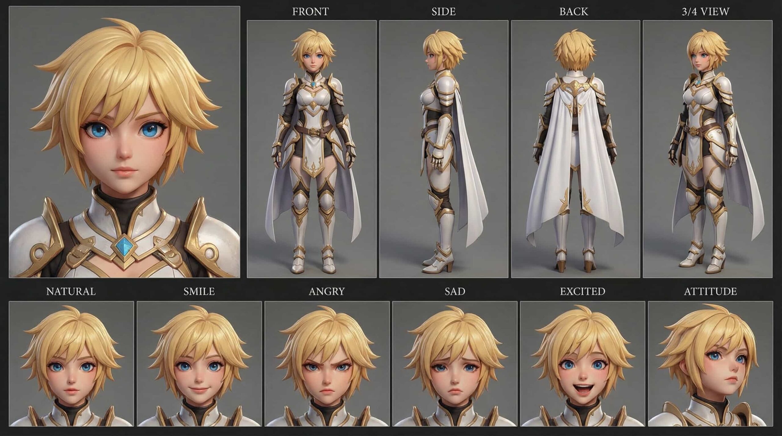 Stylized 3D anime holy knight girl character render with short blonde hair, blue eyes, white and gold holy armor, and a white cape. Multi-angle reference sheet for game art.