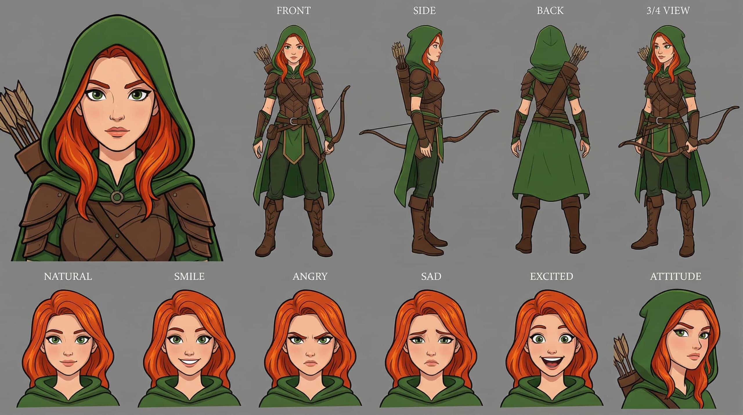 Fantasy forest archer girl character sheet with red hair, green hooded cloak, and bow. Multi-angle 2D character design for RPGs and fantasy art.