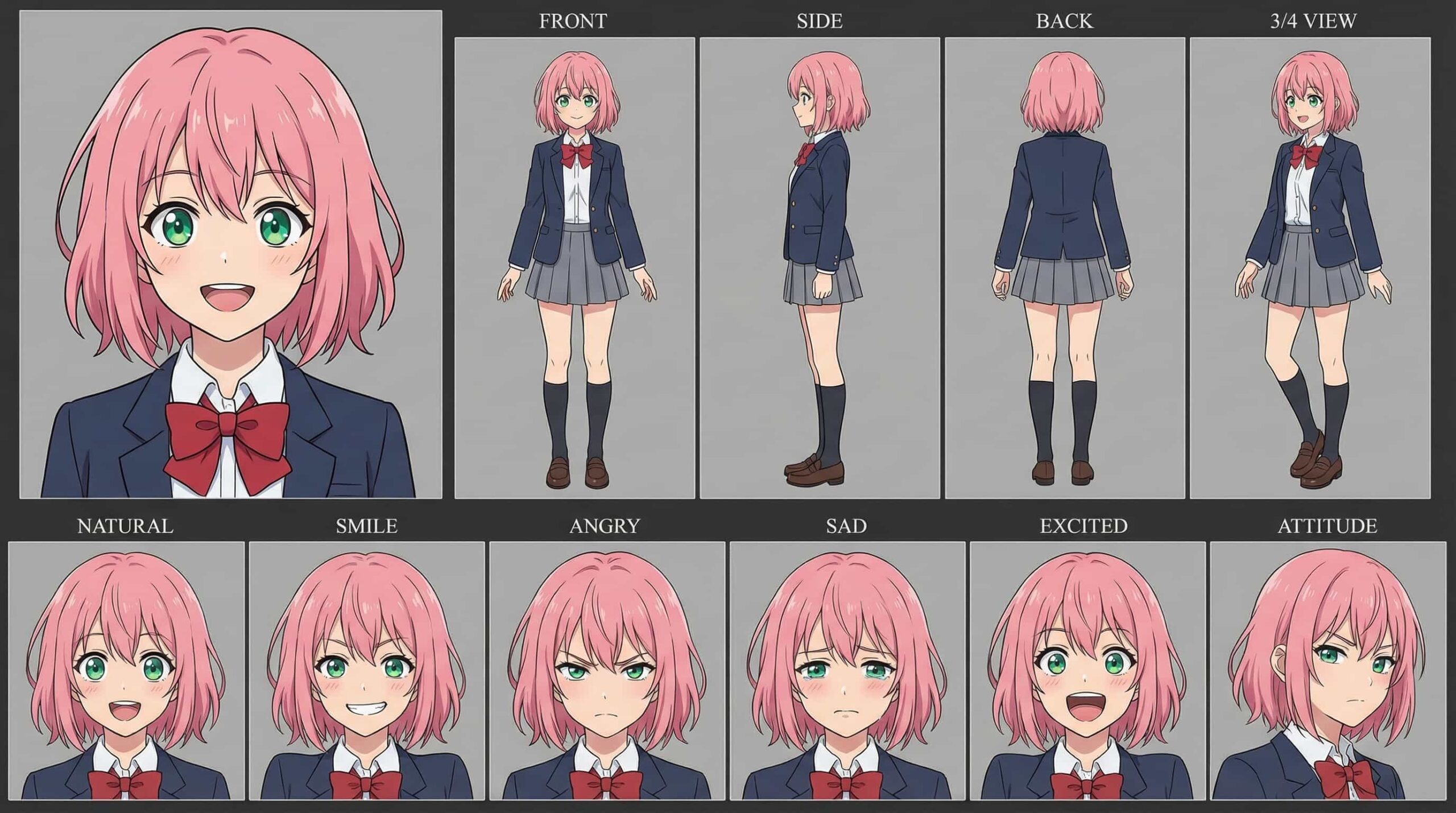 Full character sheet of a cute school anime girl with pink bob hair, green eyes, wearing a classic navy school uniform with a red bow, displaying various poses and expressions.