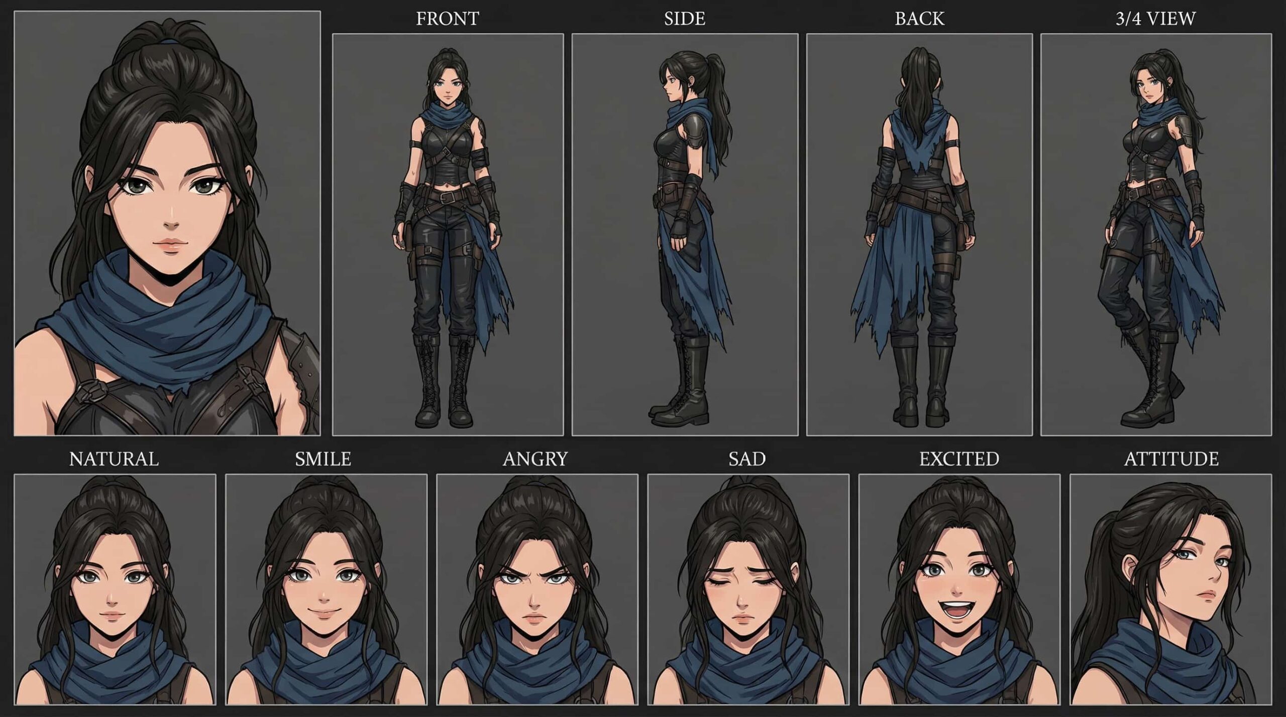 2D anime character design of a tactical black ponytail anime girl with a blue scarf and dark leather-like outfit. Multi-angle reference sheet for OC.