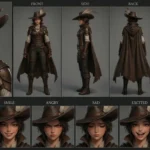 Detailed 3D anime adventurer girl character sheet with multi-angle views and expressions, featuring practical leather armor, a feathered hat, and a confident stance.