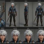 Detailed 3D anime arcane wanderer boy character sheet with multi-angle views and expressions, featuring blue leather armor, a magical staff, and striking silver hair.