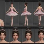 Aurelia Frostwind ballet princess 3D anime character sheet with pink tutu, full body views and expressive faces