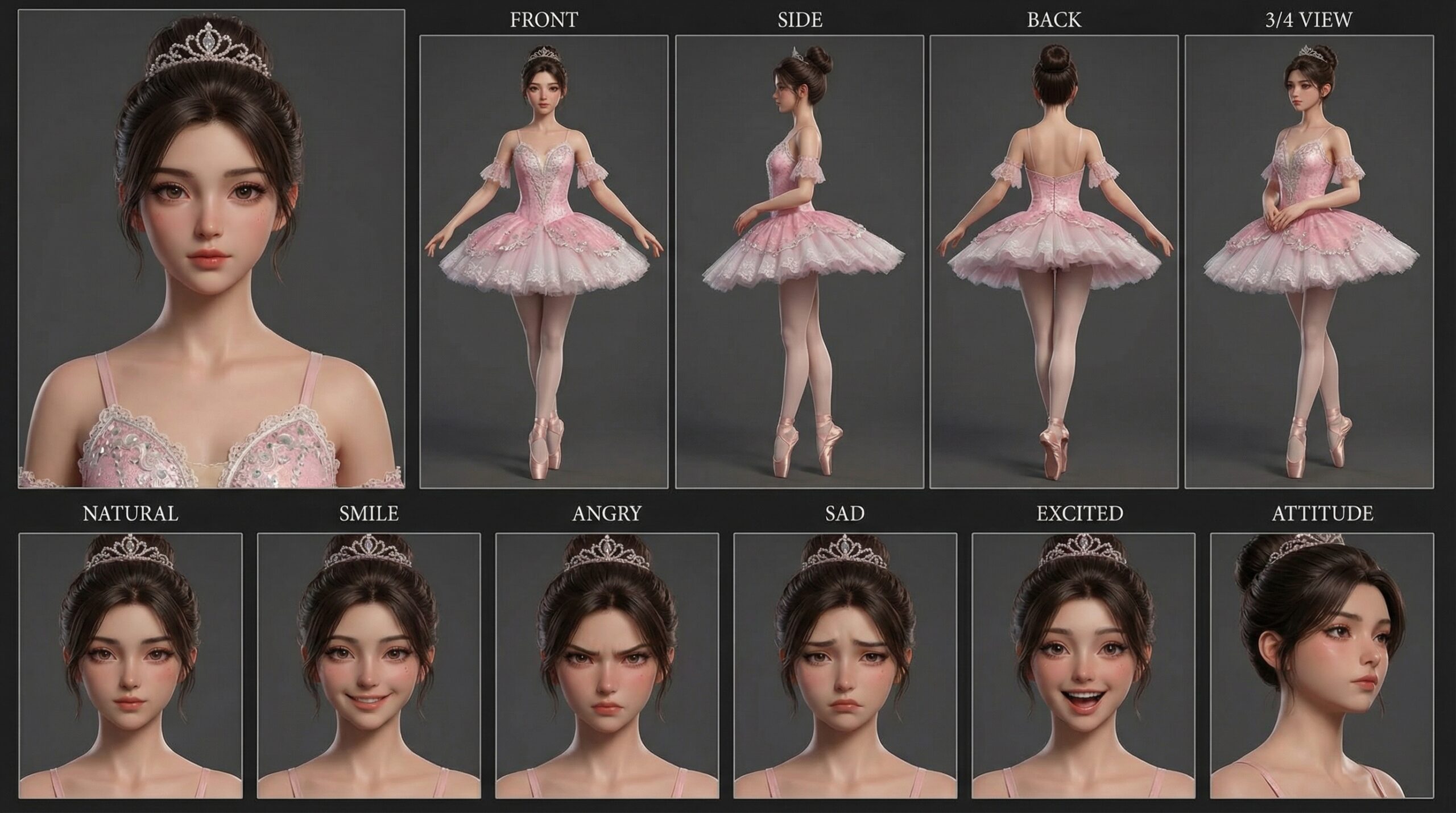 Elegant ballet princess anime character sheet 3D Anime Shotely
