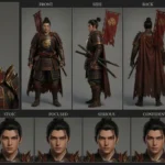 Noble 3D anime samurai character sheet with multi-angle views and expressions, featuring a distinctive banner, dark armor, and a resolute expression.