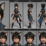 Agile 3D anime black cat girl character sheet with multi-angle views and expressions, featuring black cat ears, a bell collar, and a mischievous, energetic pose.