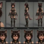Charming 3D anime cat girl character sheet with multi-angle views and expressions, featuring brown cat ears, a bell collar, and a playful, adventurous spirit.