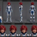 Vibrant 3D anime crimson pilot girl character sheet with multi-angle views and expressions, featuring a futuristic blue and white suit with orange glowing accents.