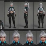 Sleek 3D anime cyber shadow girl character sheet with multi-angle views and expressions, featuring a black and white crop-top jacket, tactical cargo pants, and glowing cyan accents