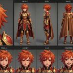 Powerful 3D anime ember knight boy character sheet with multi-angle views and expressions, featuring red and gold heavy plate armor and a commanding presence.