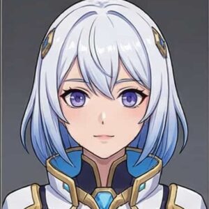 Striking 3D anime frost blade girl character sheet with multi-angle views and expressions, featuring futuristic white and blue armor and glowing dual energy blades.