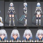 Striking 3D anime frost blade girl character sheet with multi-angle views and expressions, featuring futuristic white and blue armor and glowing dual energy blades.