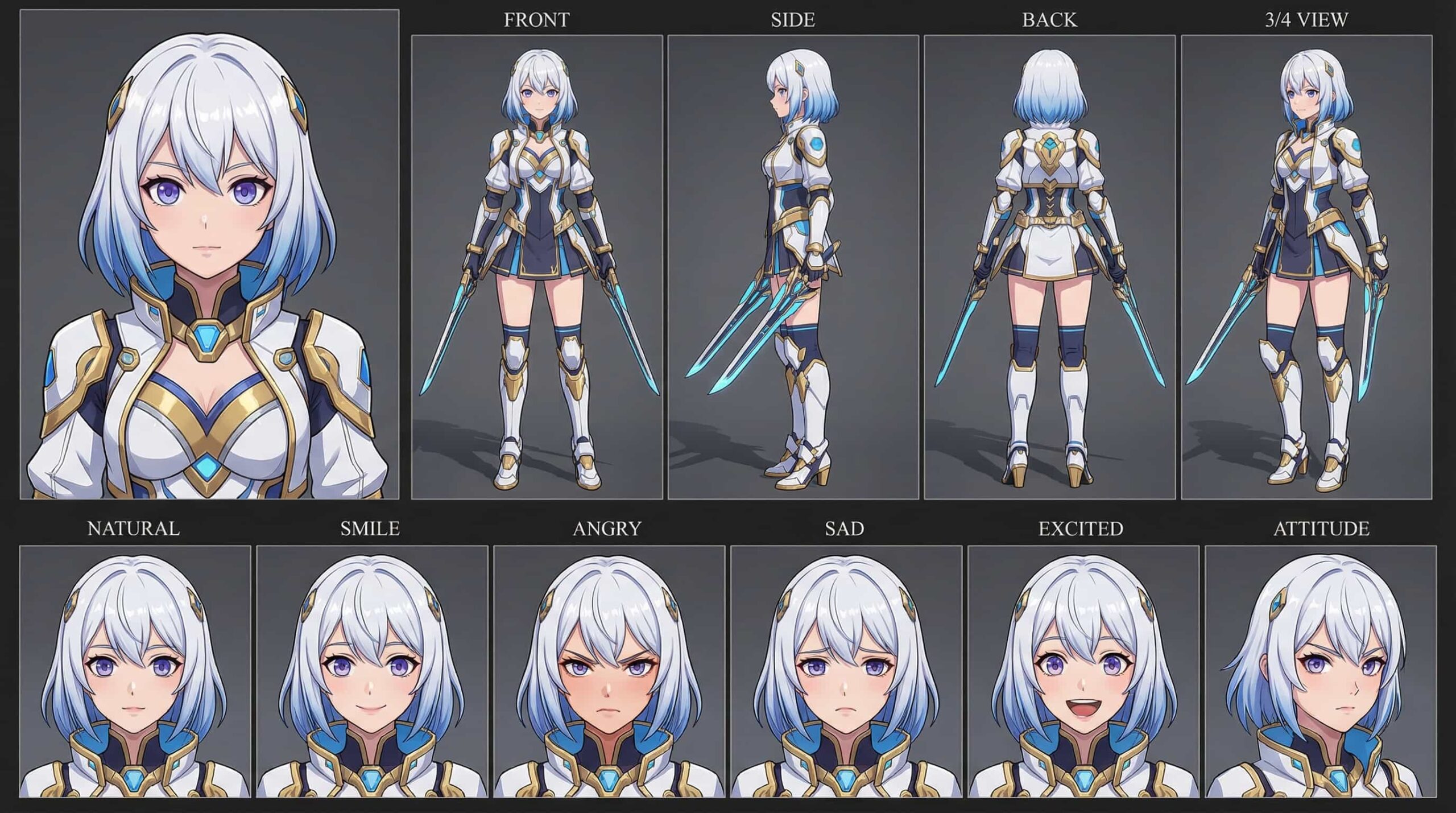 Seraphina, the Frost Blade, 3D Anime Character Sheet