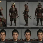 Imposing 3D anime iron samurai character sheet with multi-angle views and expressions, featuring dark, heavy armor, a distinctive helmet, and a resolute gaze.