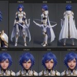 Enchanting 3D anime lunar archer girl character sheet with multi-angle views and expressions, featuring white and gold armor, a flowing cape, and a glowing energy bow.