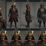 Intimidating 3D anime masked samurai character sheet with multi-angle views and expressions, featuring dark armor, a menacing mask, and a battle-ready stance.