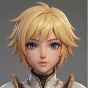 Stunning 3D anime radiant knight girl character sheet with multi-angle views and expressions, featuring stylized white and gold armor and a heroic aura.