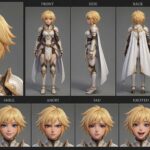 Stunning 3D anime radiant knight girl character sheet with multi-angle views and expressions, featuring stylized white and gold armor and a heroic aura.