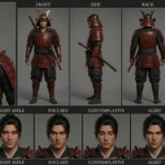 Dynamic 3D anime samurai warrior character sheet with multi-angle views and expressions, showcasing traditional red and black armor, a katana, and a focused demeanor.