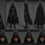 Mysterious 3D anime shadow assassin character sheet with multi-angle views and expressions, featuring dark hooded attire, glowing red eyes, and concealed weapons.