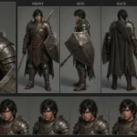 Powerful 3D anime stalwart knight character sheet with multi-angle views and expressions, featuring weathered plate armor, a shield, spear, and a determined expression.