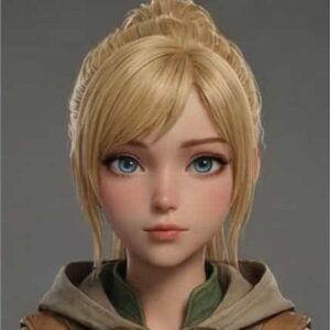 Charming 3D anime steampunk scout girl character sheet with multi-angle views and expressions, featuring a leather vest, goggles, and adventurous attire.