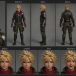 Dynamic 3D anime urban mercenary boy character sheet with multi-angle views and expressions, featuring a rugged leather jacket, red scarf, and tactical gear.