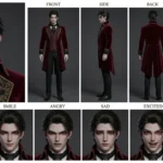 Charismatic 3D anime vampire baron character sheet with multi-angle views and expressions, featuring a regal red velvet coat, elegant attire, and captivating red eyes.