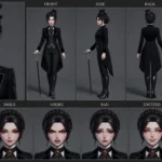 Elegant 3D anime vampire countess character sheet with multi-angle views and expressions, featuring a sophisticated black suit, top hat, and piercing red eyes.