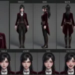 Alluring 3D anime vampire girl character sheet with multi-angle views and expressions, featuring a stylish red and black suit, fangs, and captivating red eyes.