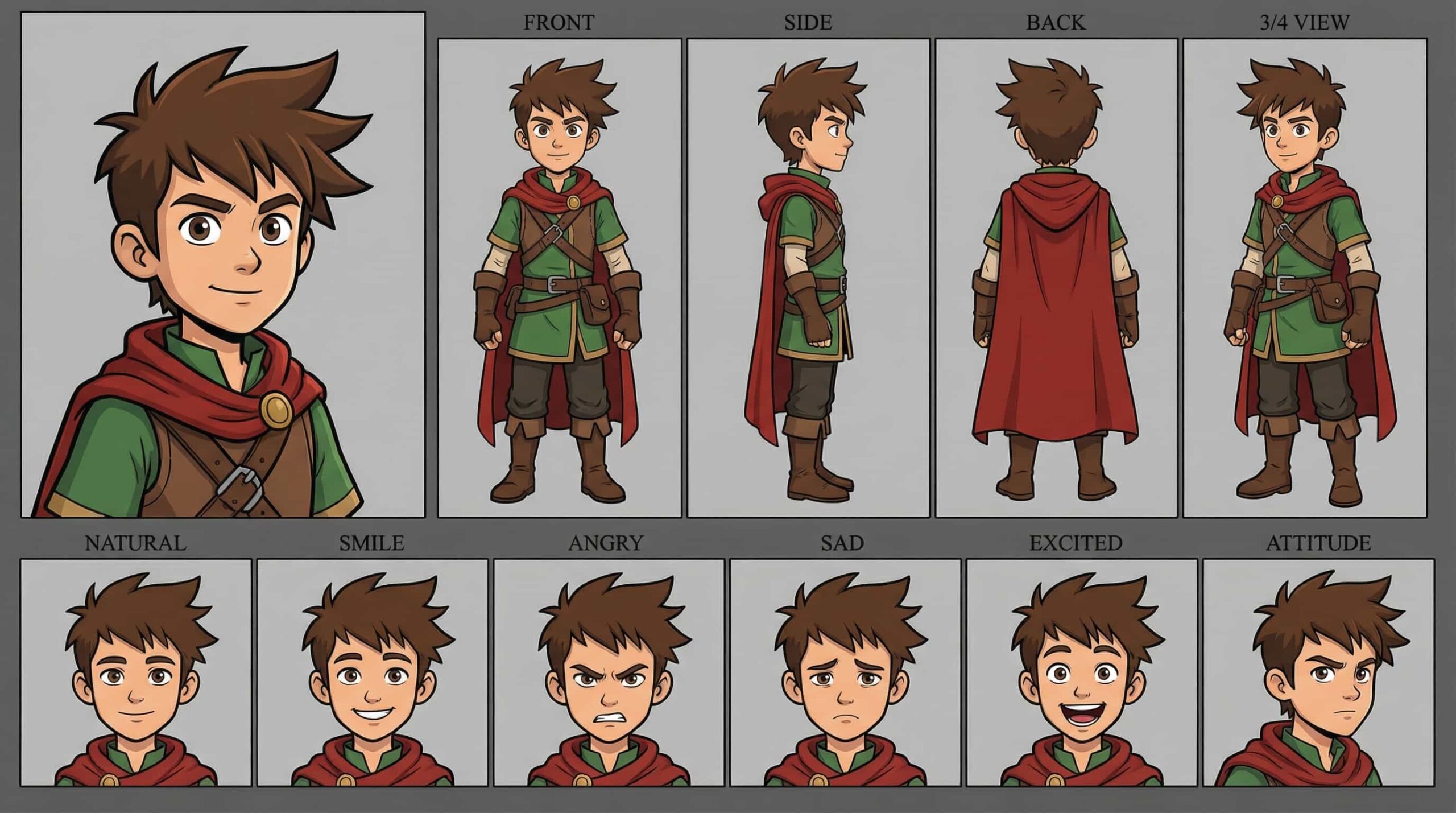 Classic fantasy RPG hero boy anime character sheet with spiky brown hair, red cape, and adventurer gear. Multi-angle 2D character design for classic RPGs and fantasy illustration