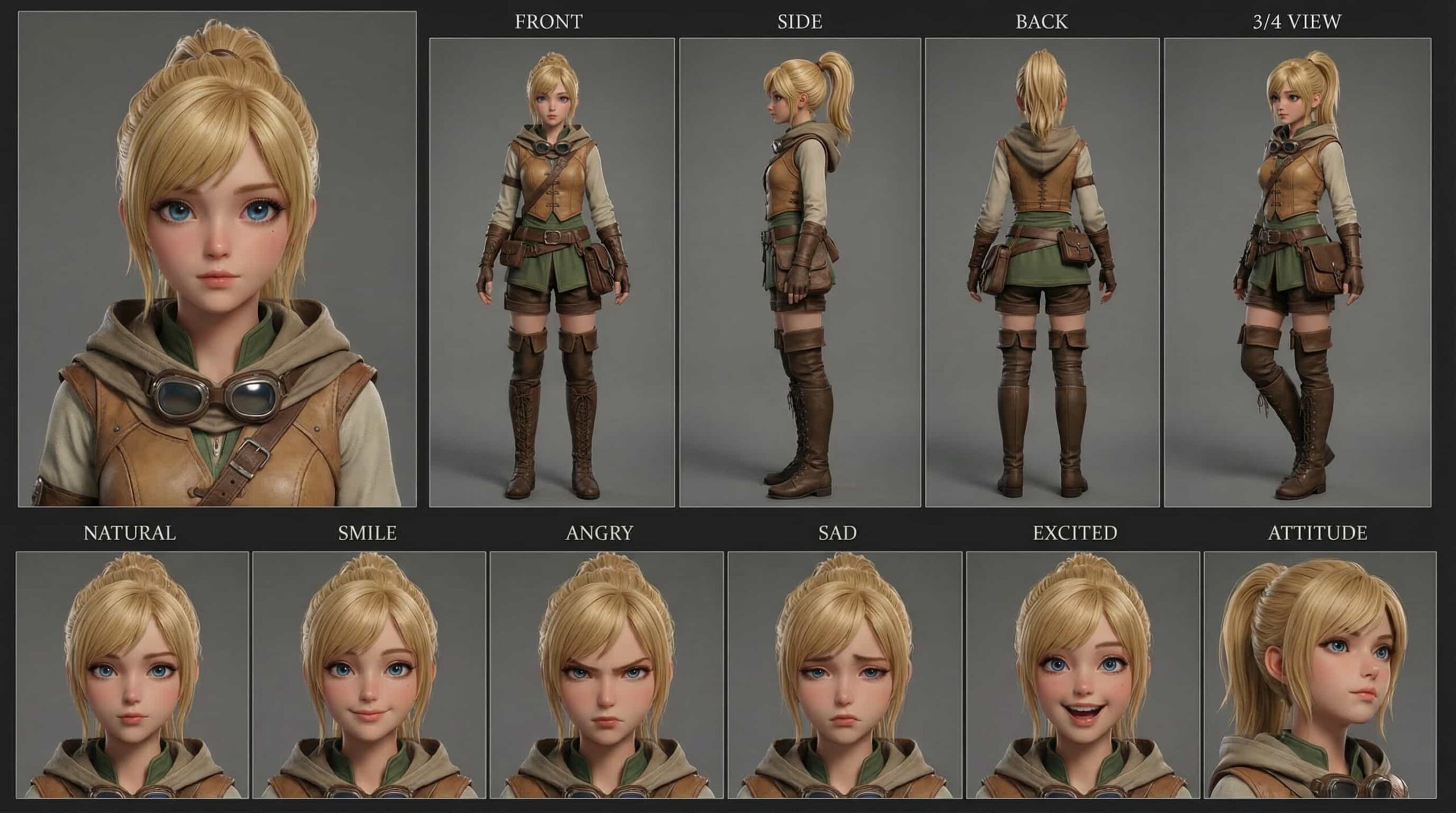 Adventurous 3D anime explorer girl character sheet with blonde ponytail, goggles, and detailed steampunk-inspired outfit, rendered in a vibrant stylized 3D.