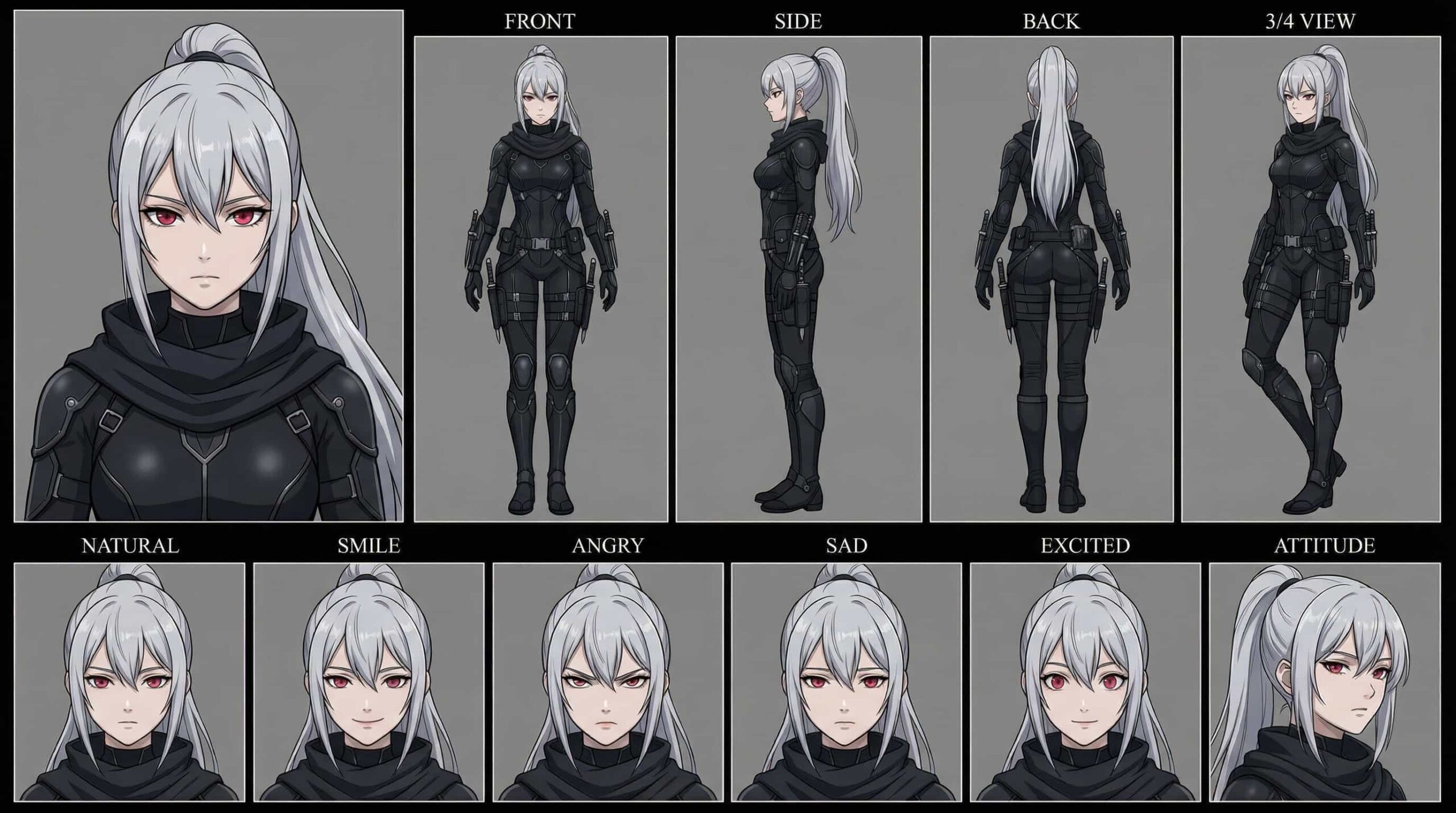 Character sheet of a futuristic ninja anime girl with silver hair, red eyes, and a sleek black tactical suit, equipped with multiple daggers, showing various angles and expressions.