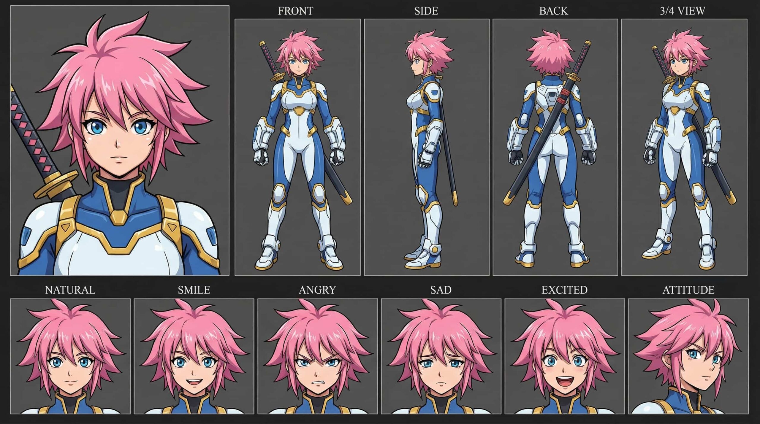 2D anime character design of a pink-haired sci-fi anime girl in a futuristic suit with a katana. Multi-angle reference sheet for OC.